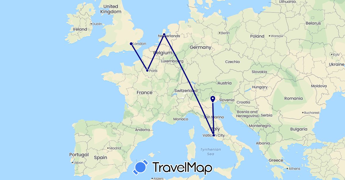 TravelMap itinerary: driving in France, United Kingdom, Italy, Netherlands (Europe)